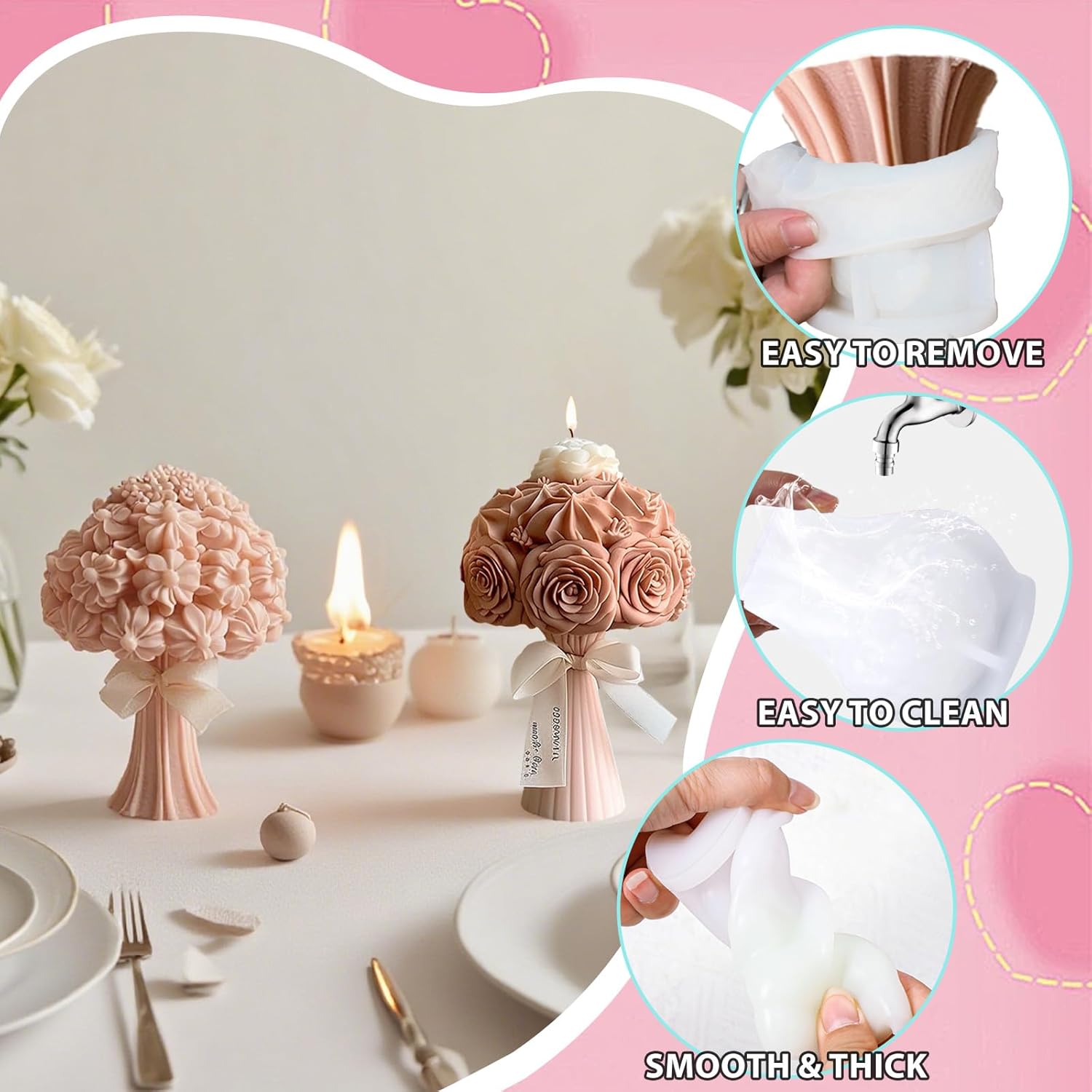 2 Pack Flower Bouquet Candle Mold, Silicone Molds for Epoxy Resin Wax Soap & Candle Making Floral Mold for Crafts Casting Home Wedding Decoration DIY Handmade Valentine's Day Gifts