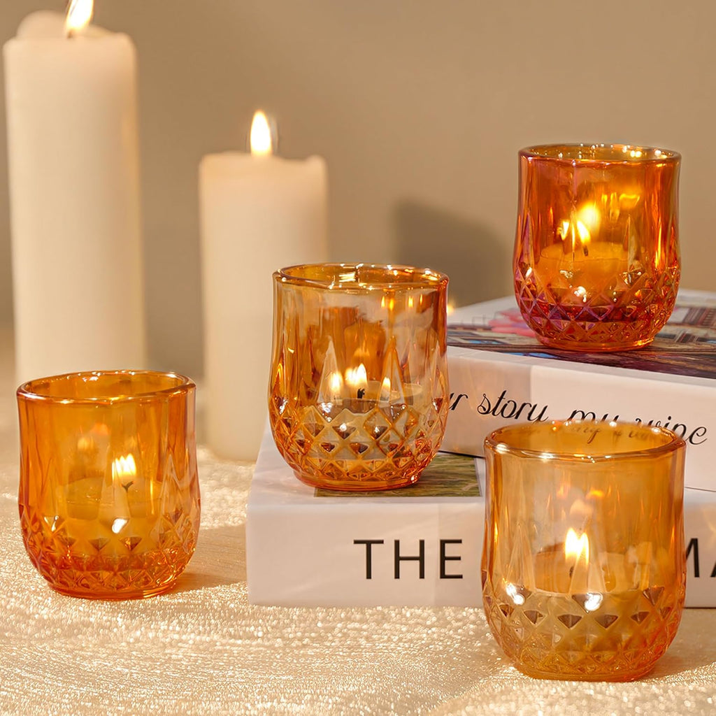 12 Pcs Votive Candle Holders, Amber Glass Tea Lights Candle Holder in Bulk for Table Centerpiece, Tealight Candle Holders, Elevate Valentine’s Day Romance, for Wedding Decor Home Decoration