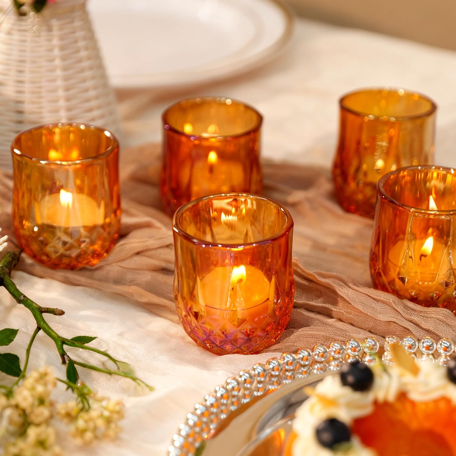 12 Pcs Votive Candle Holders, Amber Glass Tea Lights Candle Holder in Bulk for Table Centerpiece, Tealight Candle Holders, Elevate Valentine’s Day Romance, for Wedding Decor Home Decoration