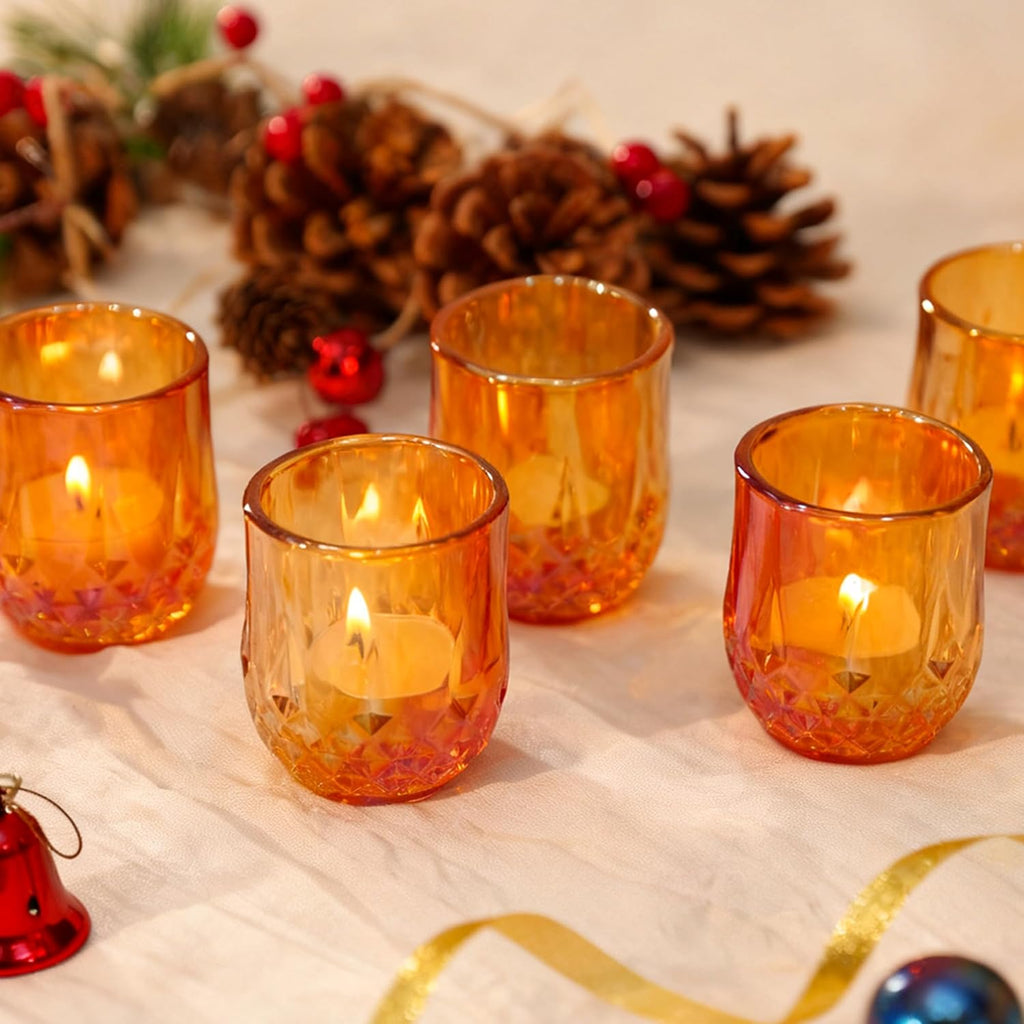 12 Pcs Votive Candle Holders, Amber Glass Tea Lights Candle Holder in Bulk for Table Centerpiece, Tealight Candle Holders, Elevate Valentine’s Day Romance, for Wedding Decor Home Decoration