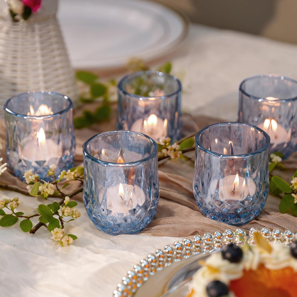 12 Pcs Votive Candle Holders, Amber Glass Tea Lights Candle Holder in Bulk for Table Centerpiece, Tealight Candle Holders, Elevate Valentine’s Day Romance, for Wedding Decor Home Decoration