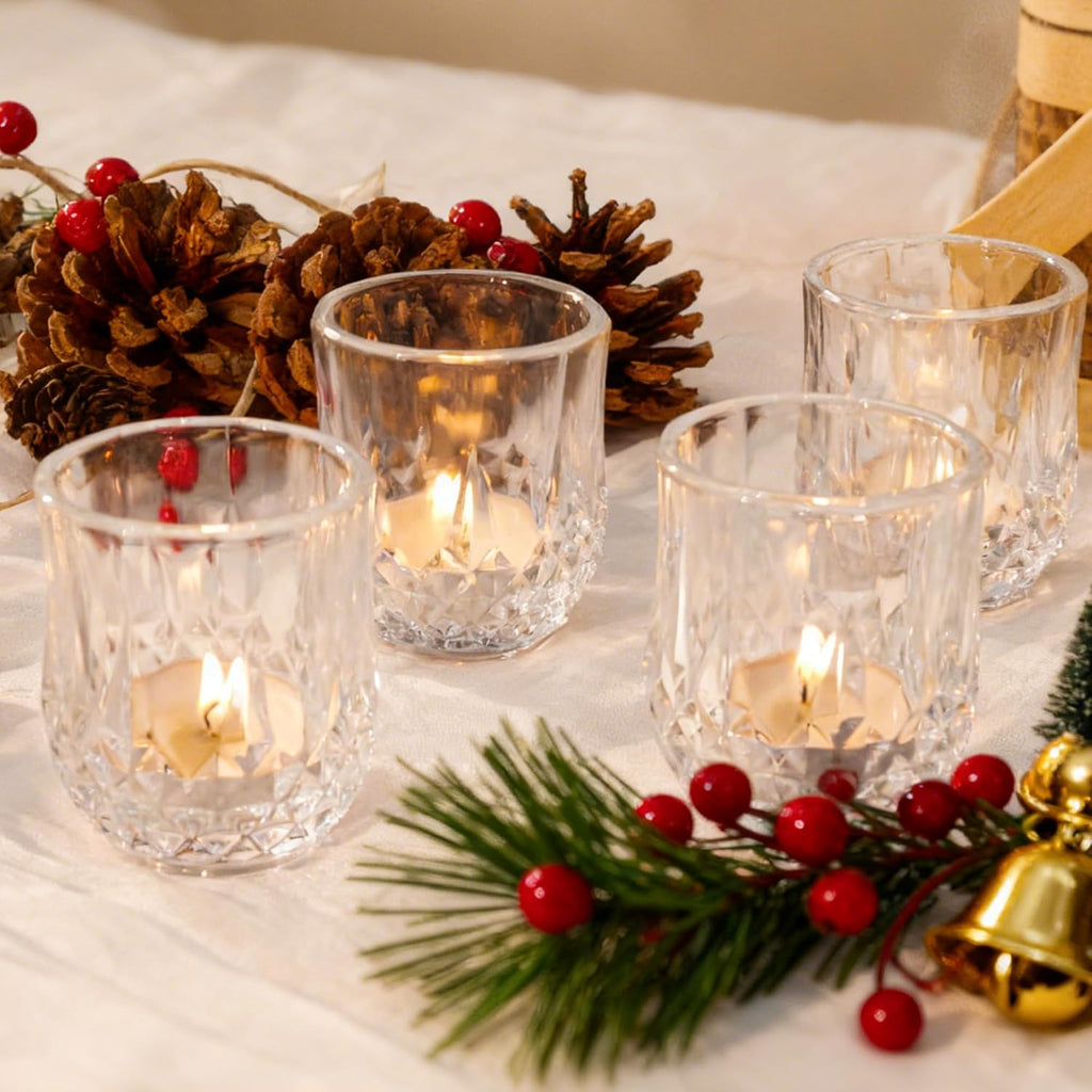 12 Pcs Votive Candle Holders, Amber Glass Tea Lights Candle Holder in Bulk for Table Centerpiece, Tealight Candle Holders, Elevate Valentine’s Day Romance, for Wedding Decor Home Decoration