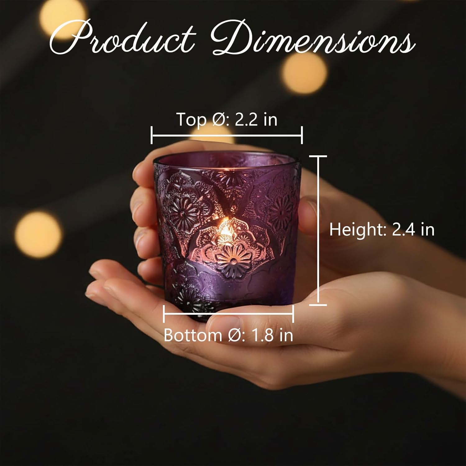 12 Pack Mandala Embossed Glass Candle Holders – Votive Tealight Holders with Patent Design, Decorative Embossed Glass Cups for Wedding Centerpieces, Parties, and Home Décor (Amethyst Bloom)