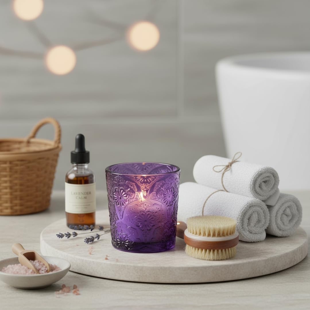 12 Pack Mandala Embossed Glass Candle Holders – Votive Tealight Holders with Patent Design, Decorative Embossed Glass Cups for Wedding Centerpieces, Parties, and Home Décor (Amethyst Bloom)