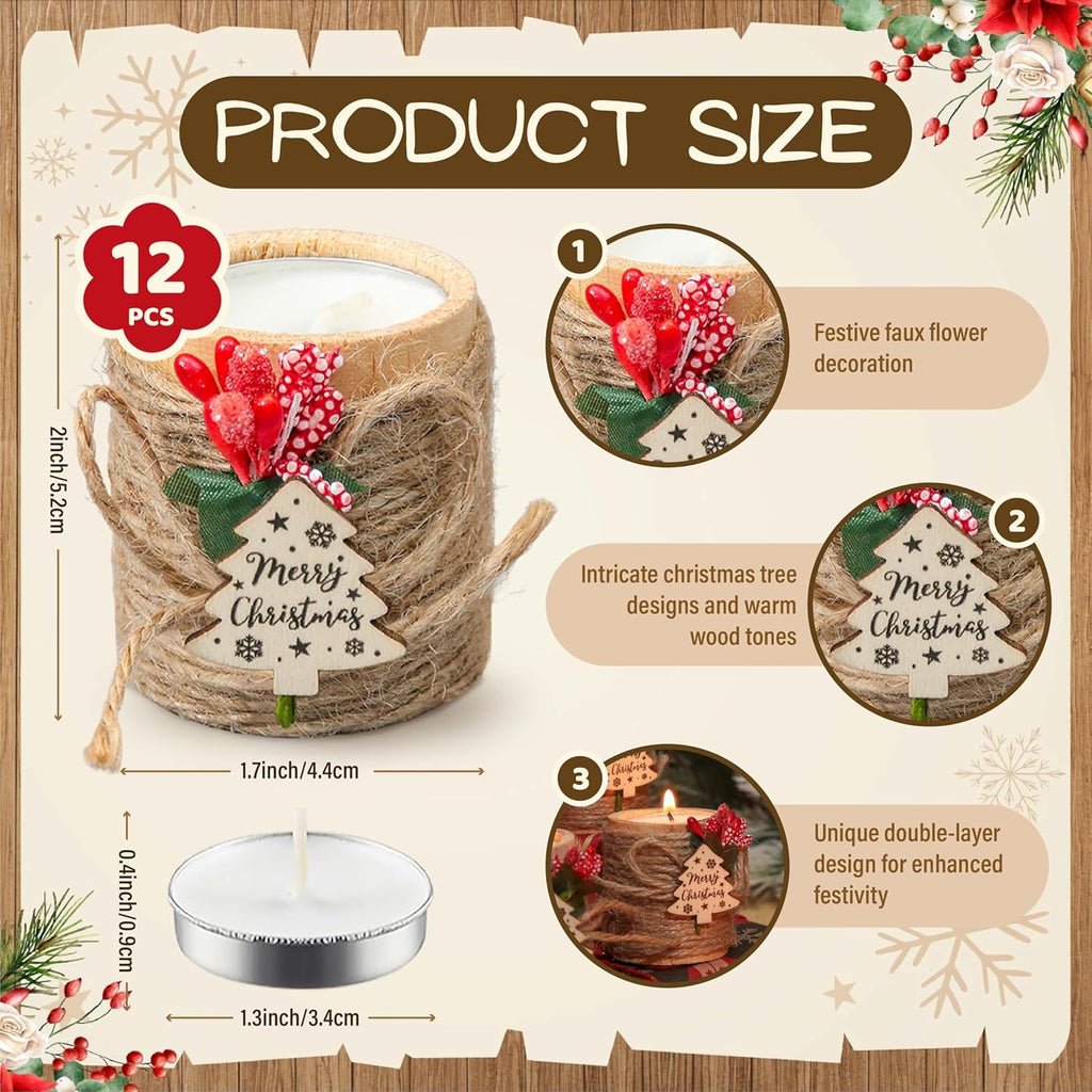 12 PCS Wooden Candle Holders with Candles, Christmas Party Favors with Jute Rope, Holiday Tealight Holders for Table Centerpieces, Home Decoration, Stocking Stuffers