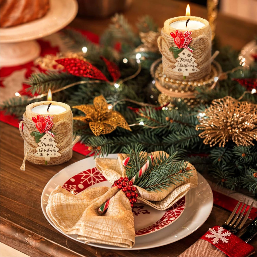 12 PCS Wooden Candle Holders with Candles, Christmas Party Favors with Jute Rope, Holiday Tealight Holders for Table Centerpieces, Home Decoration, Stocking Stuffers