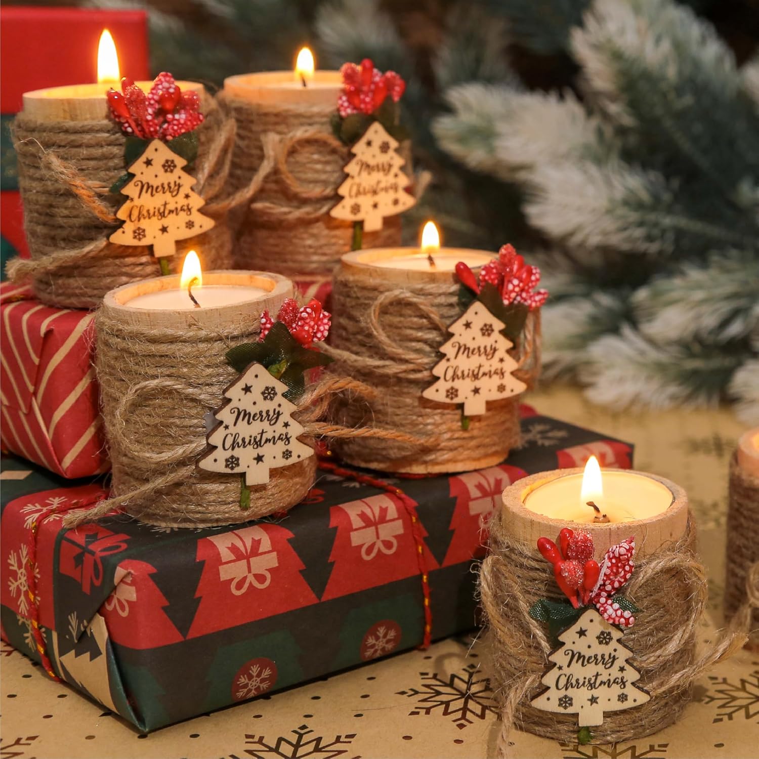 12 PCS Wooden Candle Holders with Candles, Christmas Party Favors with Jute Rope, Holiday Tealight Holders for Table Centerpieces, Home Decoration, Stocking Stuffers