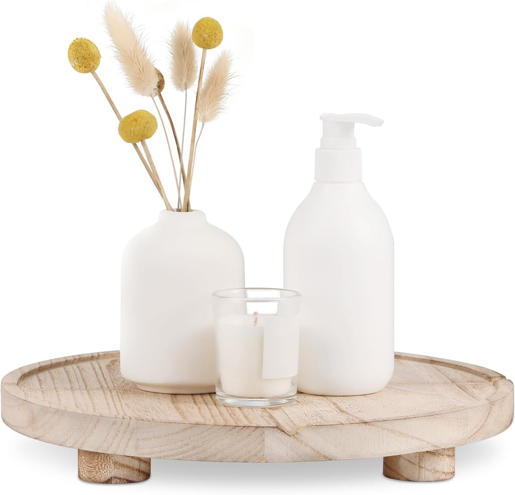 10'' Round Wooden Tray Pedestal Stand, Farmhouse Bathroom Decor Riser for Soap Dispenser, Perfume, Candle, 10'', Matte Black