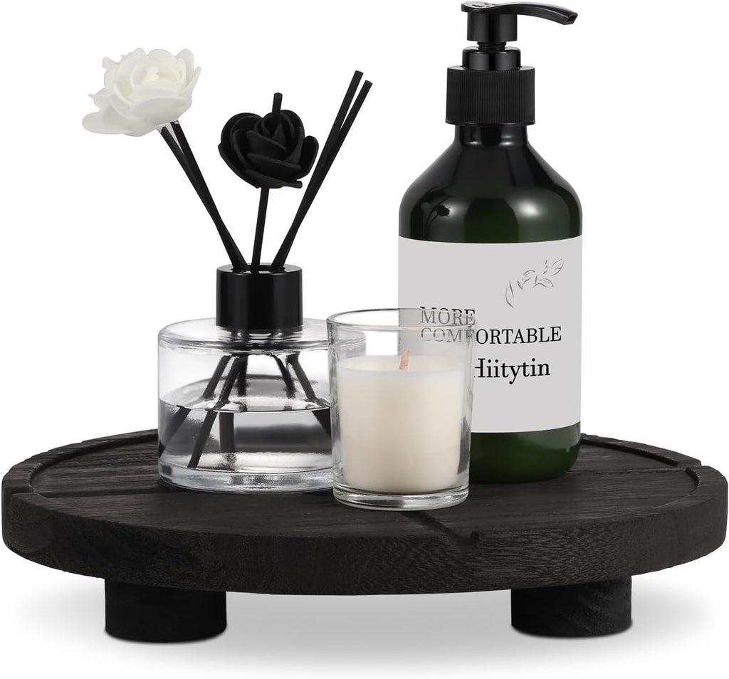 10'' Round Wooden Tray Pedestal Stand, Farmhouse Bathroom Decor Riser for Soap Dispenser, Perfume, Candle, 10'', Matte Black