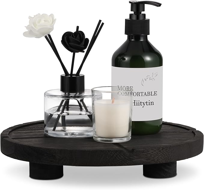 10'' Round Wooden Tray Pedestal Stand, Farmhouse Bathroom Decor Riser for Soap Dispenser, Perfume, Candle, 10'', Matte Black