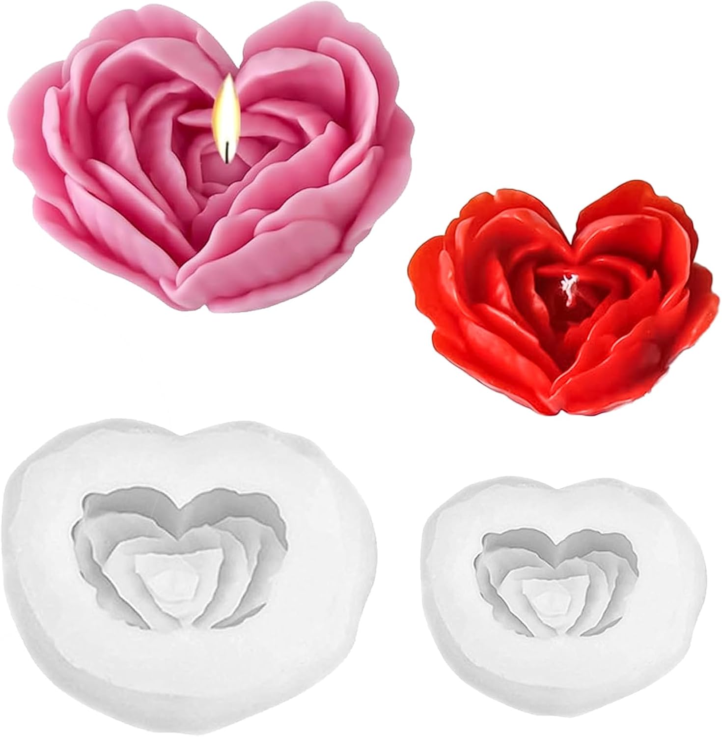 2 Pcs Flower Candle Mold, Heart Shaped Rose Peony Flower 3D Silicone Molds, Wax Molds for Candle Making, Resin Velas Candles 3D Rose Flowers Chocolate Candy Silicone Making Mold
