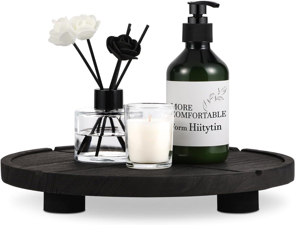 10'' Round Wooden Tray Pedestal Stand, Farmhouse Bathroom Decor Riser for Soap Dispenser, Perfume, Candle, 10'', Matte Black