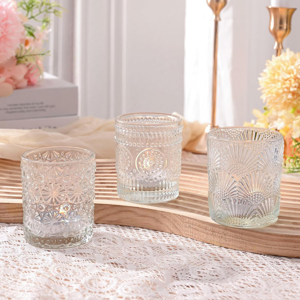 12 Pack Clear Votive Candle Holders Bulk, 3 Patterns Tealight Candle Holder for Wedding Table Centerpiece, Home Table Decor, Birthday, Party Decoration, Bridal Shower