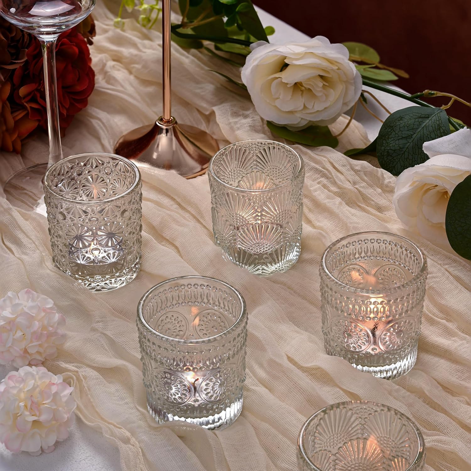 12 Pack Clear Votive Candle Holders Bulk, 3 Patterns Tealight Candle Holder for Wedding Table Centerpiece, Home Table Decor, Birthday, Party Decoration, Bridal Shower