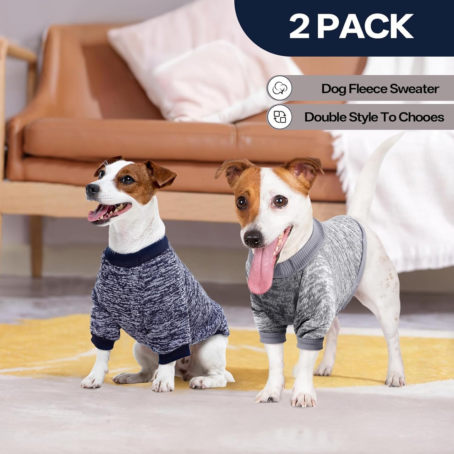 2 Pack Dog Sweater for Small Dogs, Turtleneck Dog Sweatshirt Puppy Fleece Sweaters Winter Clothes for Small Dogs Cats Boy or Girl, Warm Soft Pet Outfit for Puppies, Cat Apparel, Blue+Grey,L