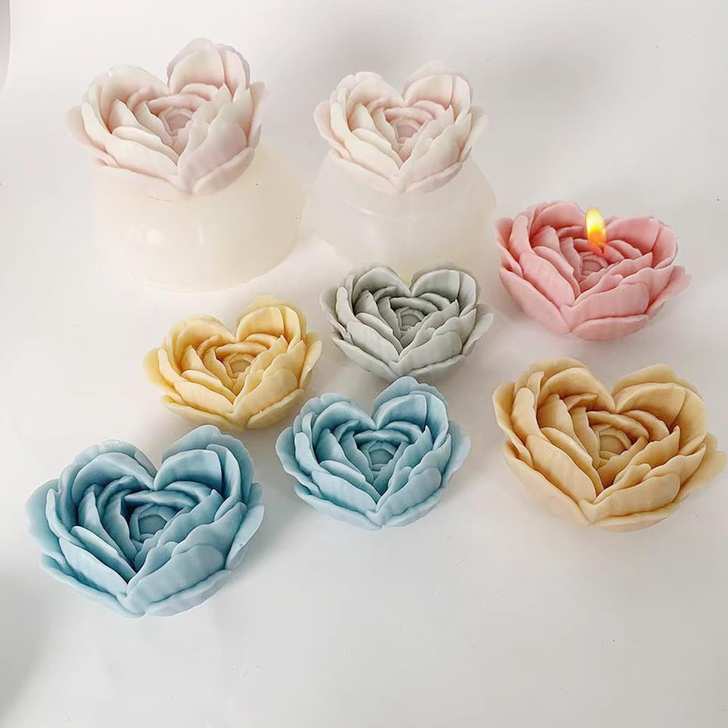 2 Pcs Flower Candle Mold, Heart Shaped Rose Peony Flower 3D Silicone Molds, Wax Molds for Candle Making, Resin Velas Candles 3D Rose Flowers Chocolate Candy Silicone Making Mold