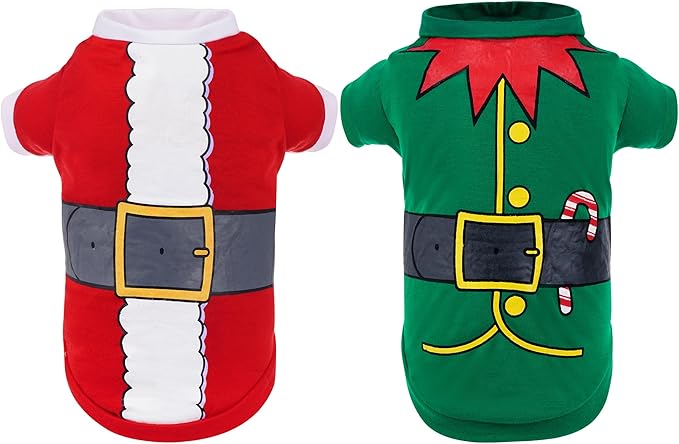 2 Pack Christmas Dog Shirts Santa Elf Print Christmas Outfit Santa Costume Pet Apparel for Small Dogs and Cats (Medium)