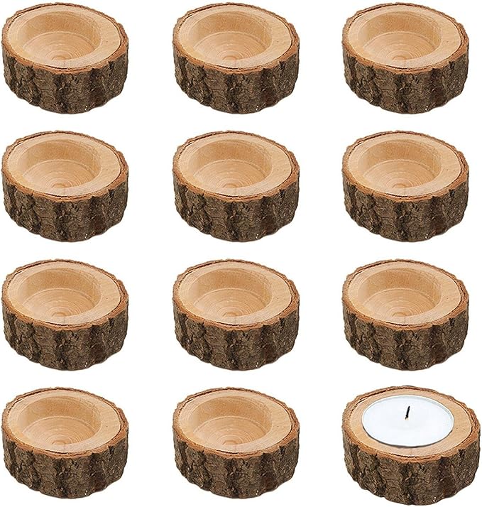 12PCS Wooden Votive Tealight Holder,Rustic Wooden Tealight Candle Holder,Wood Votive Tealights Holder for Wedding, Party, Birthday,Holiday, Home Decoration