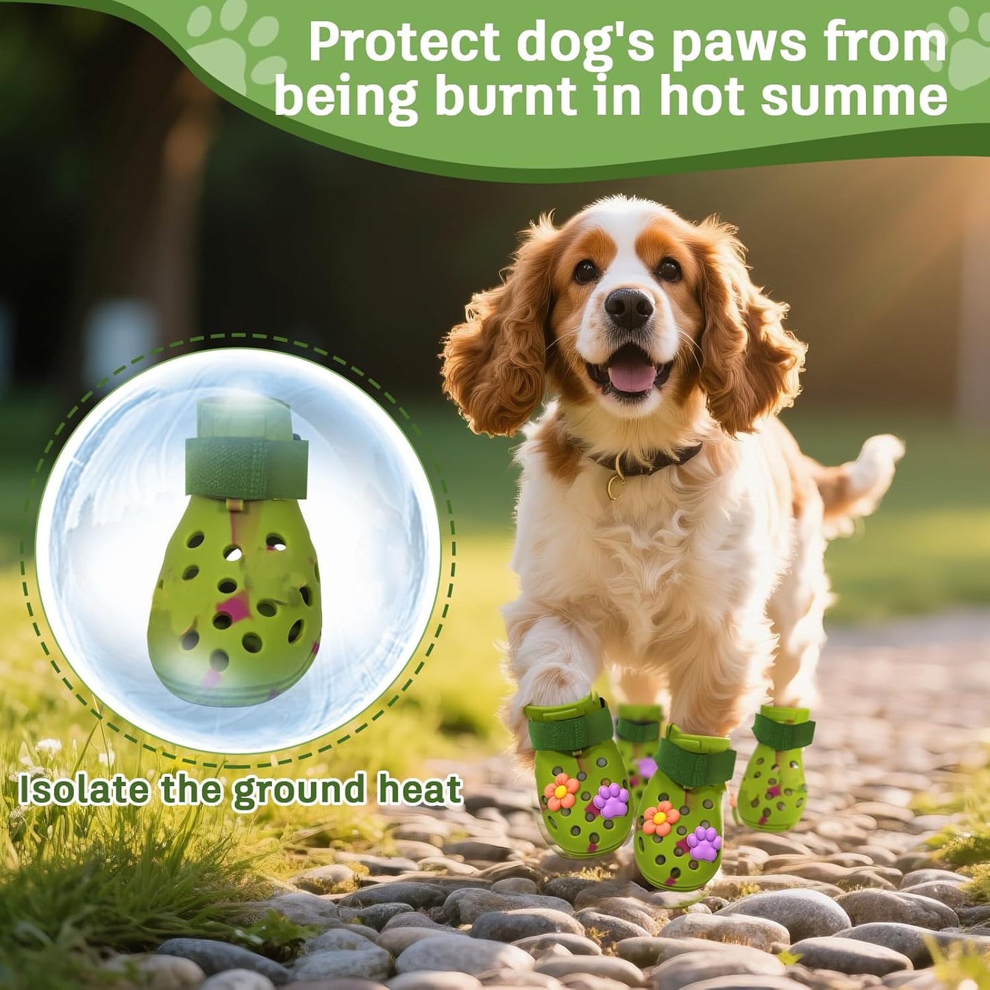 Dog Shoes for Hot Pavement, Adjustable Magic Tape Boots for Small, Medium & Large Dogs, Anti-Slip, Easy to Clean Paw Protectors for Beach, Outdoor & Hot Weather (Green L)