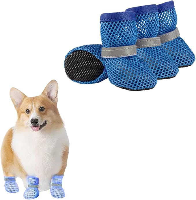 4PCS Small Dog Shoes, Breathable Mesh Boots,Summer Breathable Dog Boots Nonslip Sole Paw Protector for Small Medium Dogs (Blue, L)