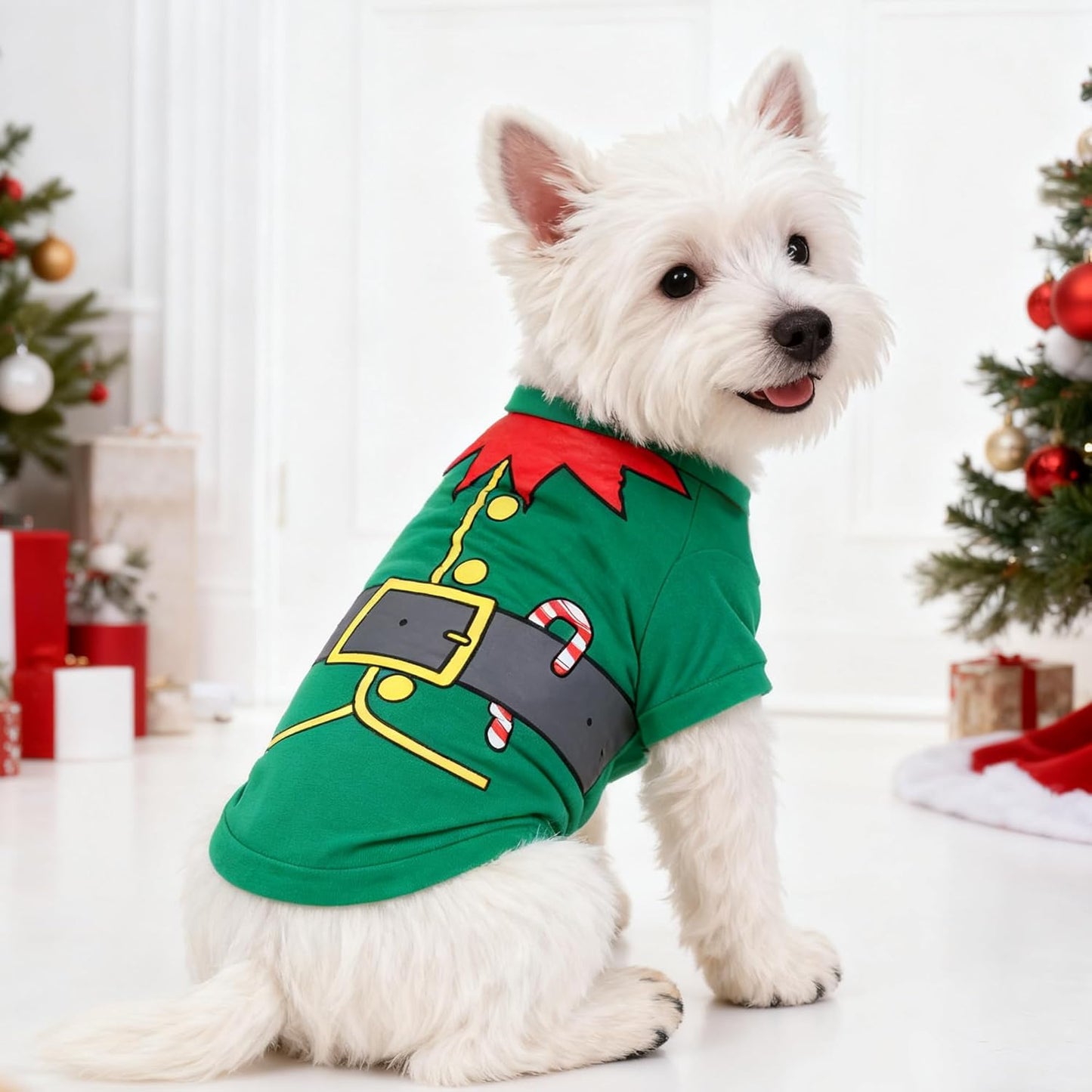 2 Pack Christmas Dog Shirts Santa Elf Print Christmas Outfit Santa Costume Pet Apparel for Small Dogs and Cats (Medium)