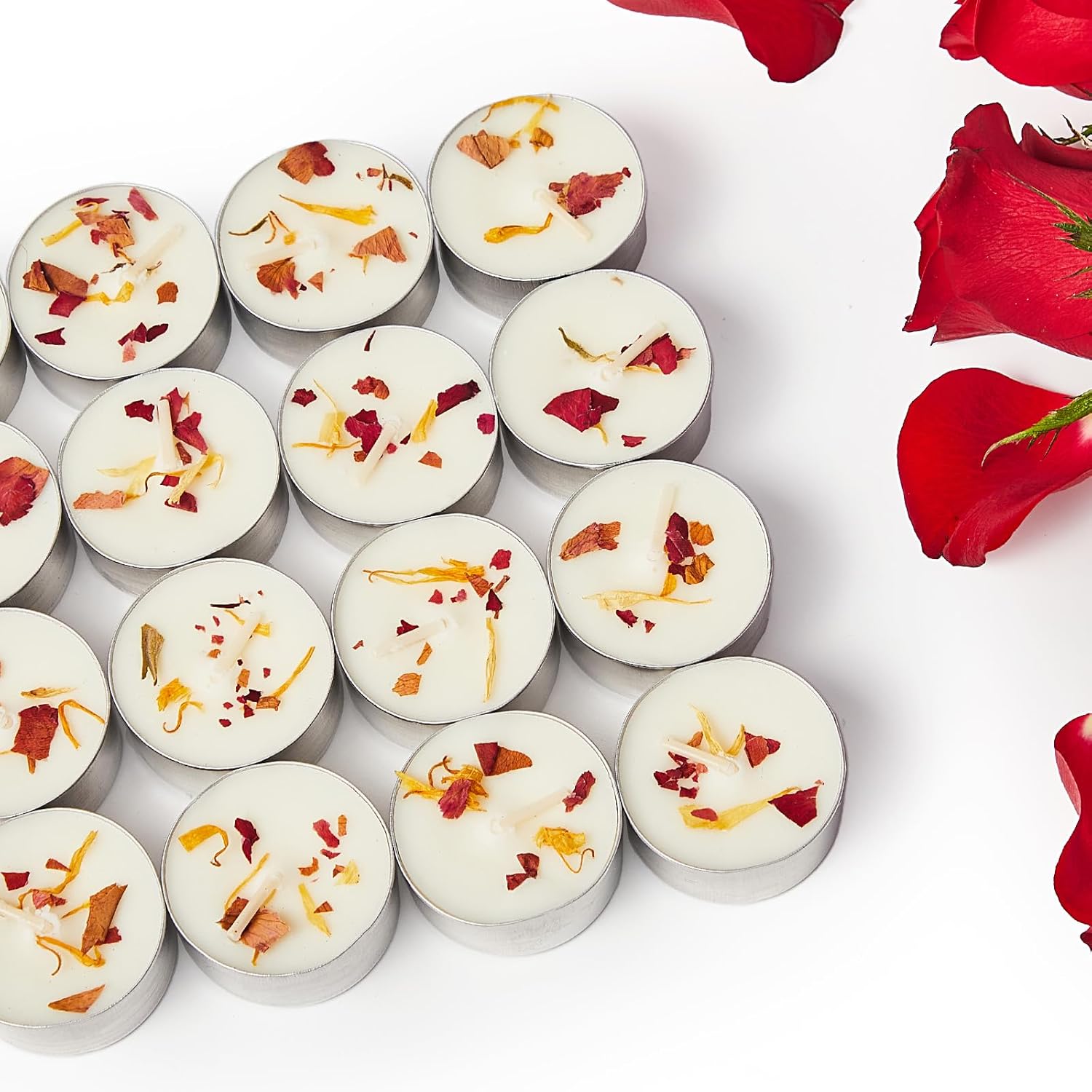 16 Pack Jasmine Scented Tealight Candles with Real Petals, Natural Soy Wax 6H Burn Time, Non-Toxic Smokeless Scented for Bath, Wedding, Decor