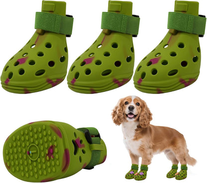 Dog Shoes for Hot Pavement, Adjustable Magic Tape Boots for Small, Medium & Large Dogs, Anti-Slip, Easy to Clean Paw Protectors for Beach, Outdoor & Hot Weather (Green L)