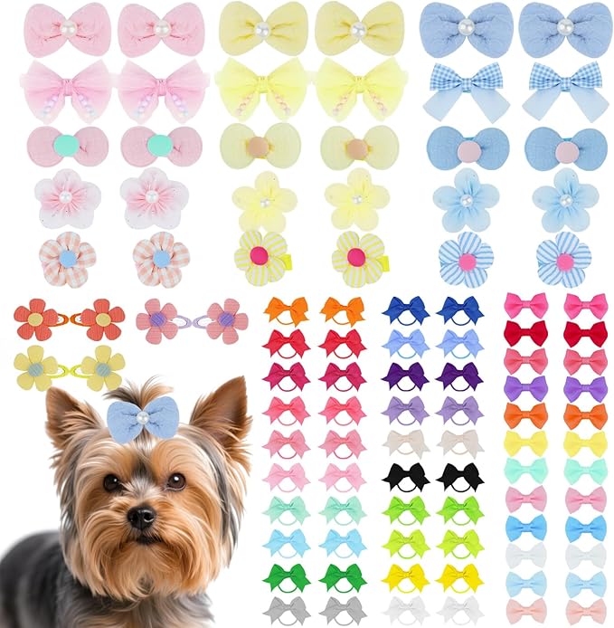 100 Pcs Dog Hair Bows, Assorted Bow Flower Dog Clips for Dog Cat Hair Grooming Accessories, Puppy Cute Apparel Bows for Small Medium Dog Daily Use and Birthday Pets Gift