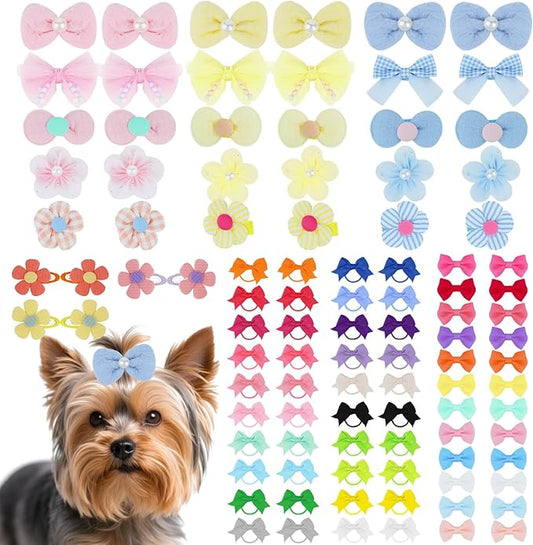 100 Pcs Dog Hair Bows, Assorted Bow Flower Dog Clips for Dog Cat Hair Grooming Accessories, Puppy Cute Apparel Bows for Small Medium Dog Daily Use and Birthday Pets Gift