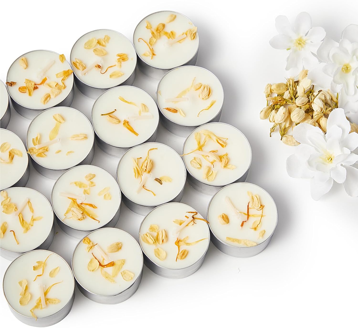 16 Pack Jasmine Scented Tealight Candles with Real Petals, Natural Soy Wax 6H Burn Time, Non-Toxic Smokeless Scented for Bath, Wedding, Decor