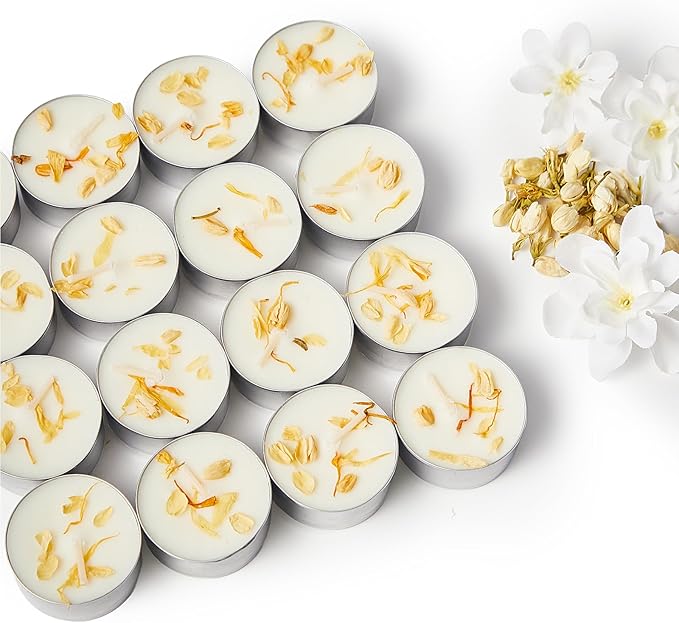 16 Pack Jasmine Scented Tealight Candles with Real Petals, Natural Soy Wax 6H Burn Time, Non-Toxic Smokeless Scented for Bath, Wedding, Decor