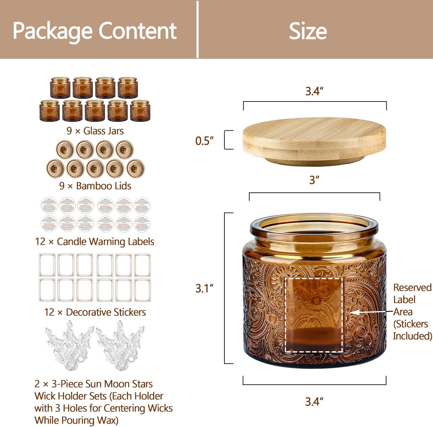 10 oz Embossed Glass Candle Container with Bamboo Lids and Labels, Clear Candle Jars for Making Candles, Sun Moon Stars Design - Pack of 9 (Amber)
