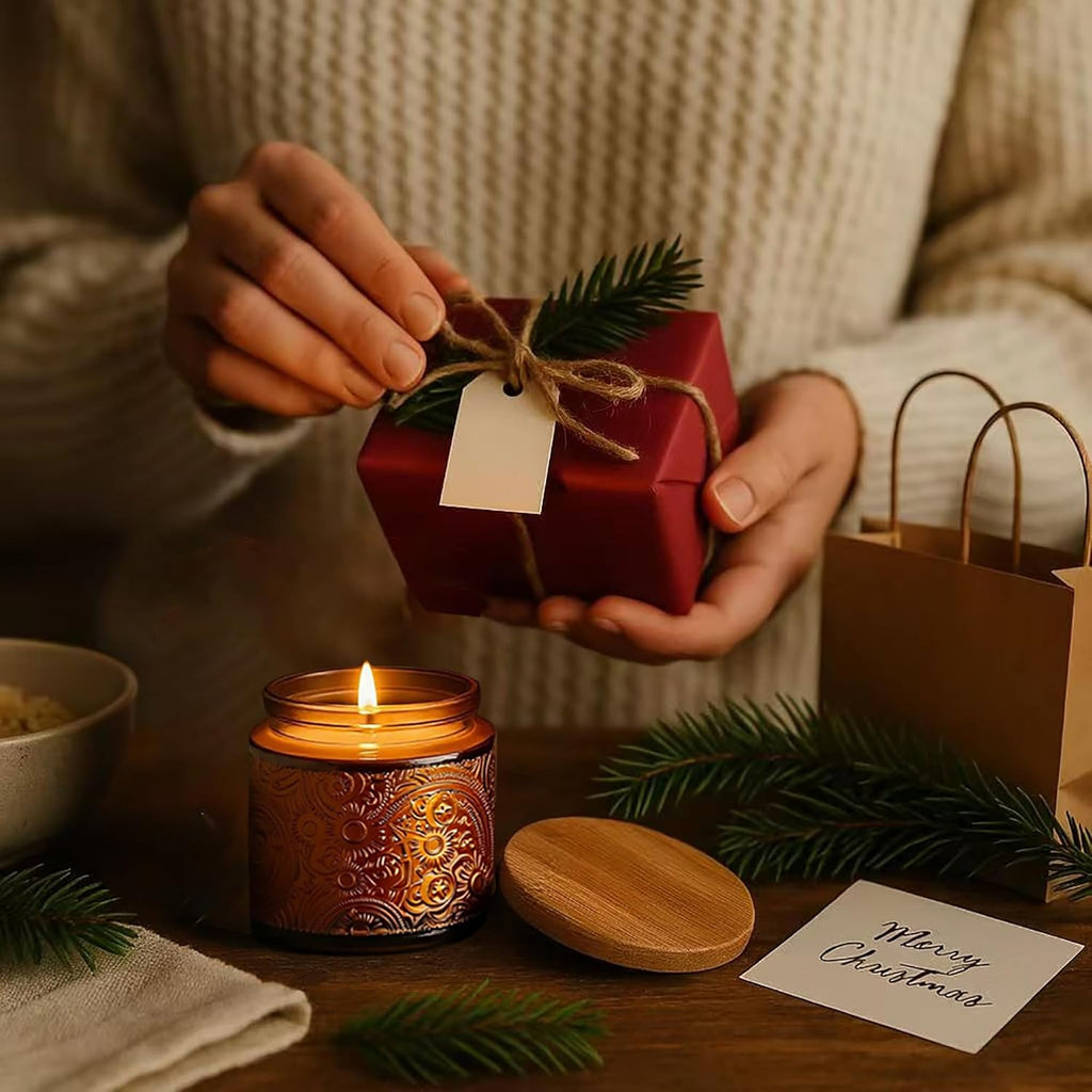 10 oz Embossed Glass Candle Container with Bamboo Lids and Labels, Clear Candle Jars for Making Candles, Sun Moon Stars Design - Pack of 9 (Amber)