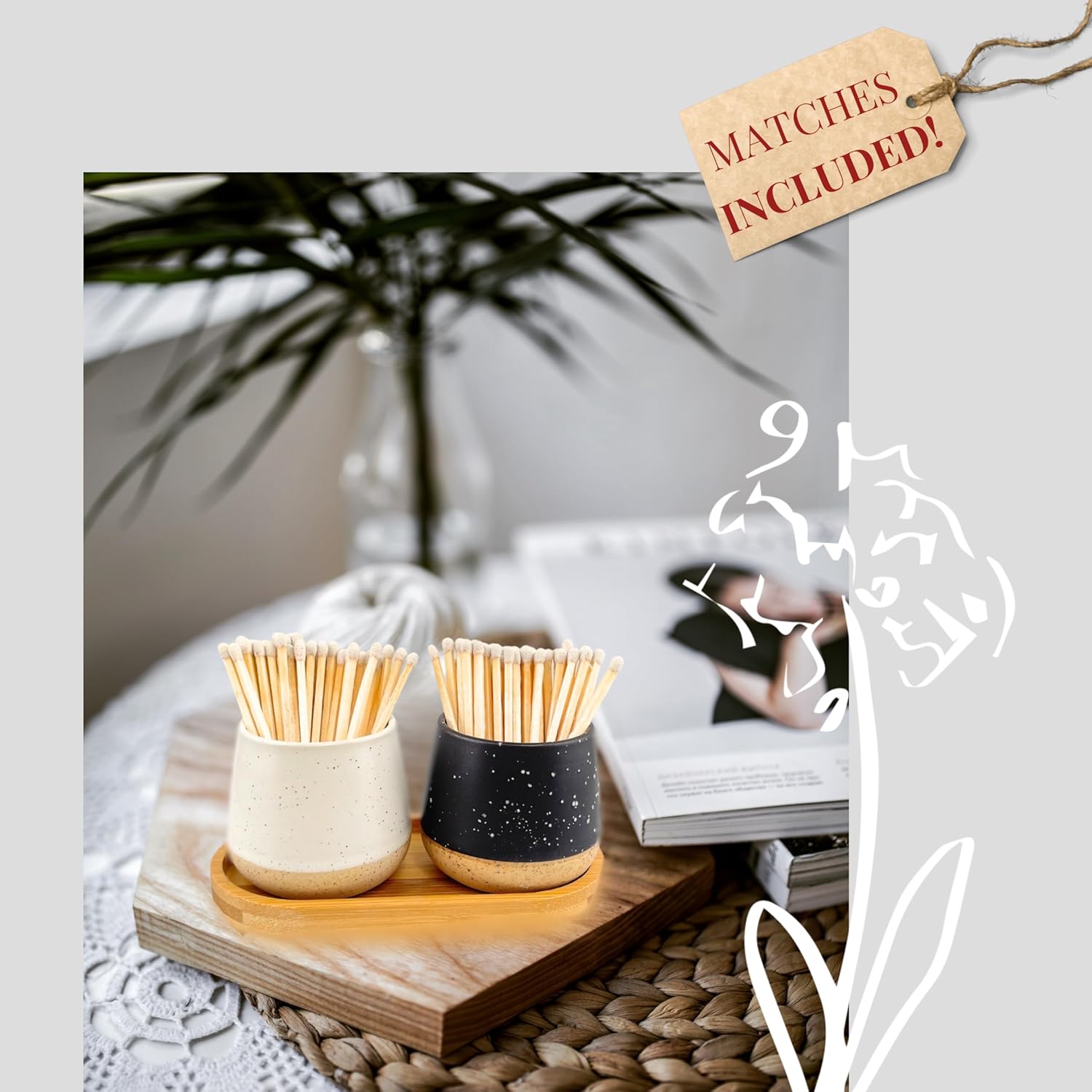* MATCHES INCLUDED * | Ceramic Match Holder with Tray | 2 Piece Gift Set w Decorative Box | Cute Candle or Kitchen Wooden Matchstick Display w Striker (Ebony & White)