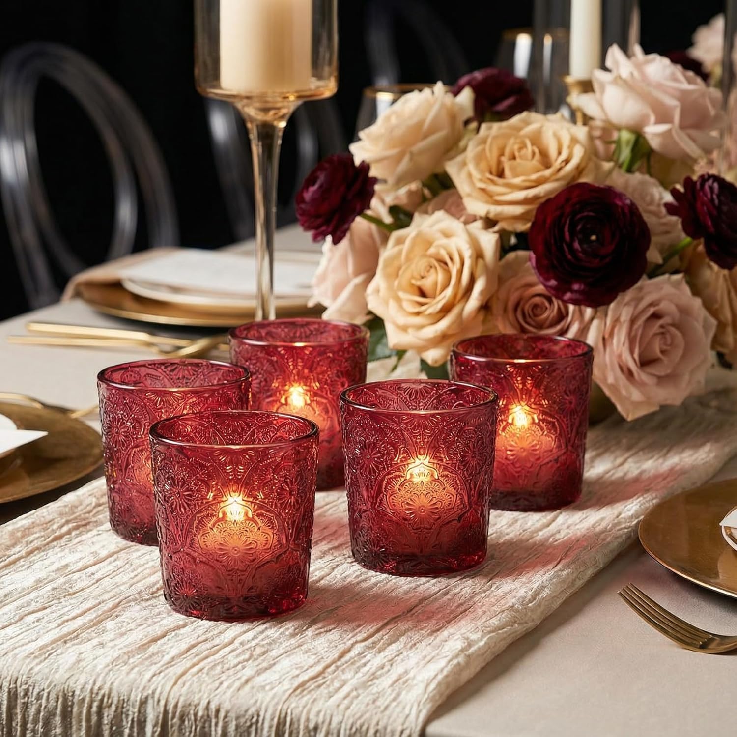 12 Pack Mandala Embossed Glass Candle Holders – Votive Tealight Holders with Patent Design, Decorative Embossed Glass Cups for Wedding Centerpieces, Parties, and Home Décor (Amethyst Bloom)