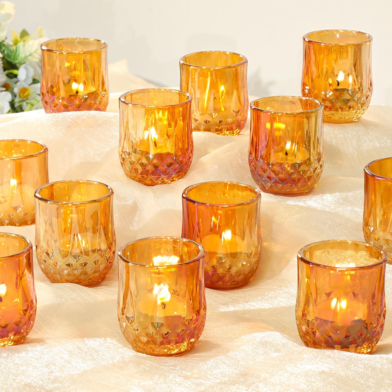 12 Pcs Votive Candle Holders, Amber Glass Tea Lights Candle Holder in Bulk for Table Centerpiece, Tealight Candle Holders, Elevate Valentine’s Day Romance, for Wedding Decor Home Decoration