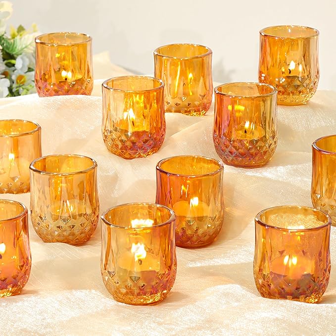 12 Pcs Votive Candle Holders, Amber Glass Tea Lights Candle Holder in Bulk for Table Centerpiece, Tealight Candle Holders, Elevate Valentine’s Day Romance, for Wedding Decor Home Decoration