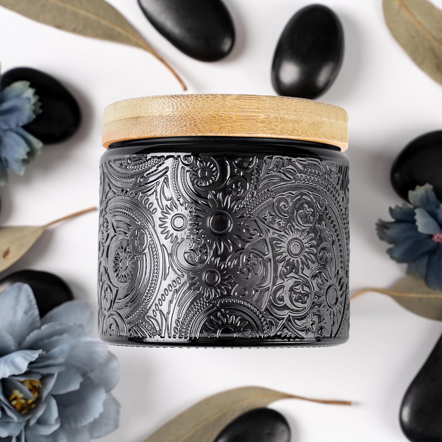 10 oz Embossed Glass Candle Container with Bamboo Lids and Labels, Clear Candle Jars for Making Candles, Sun Moon Stars Design - Pack of 9 (Amber)