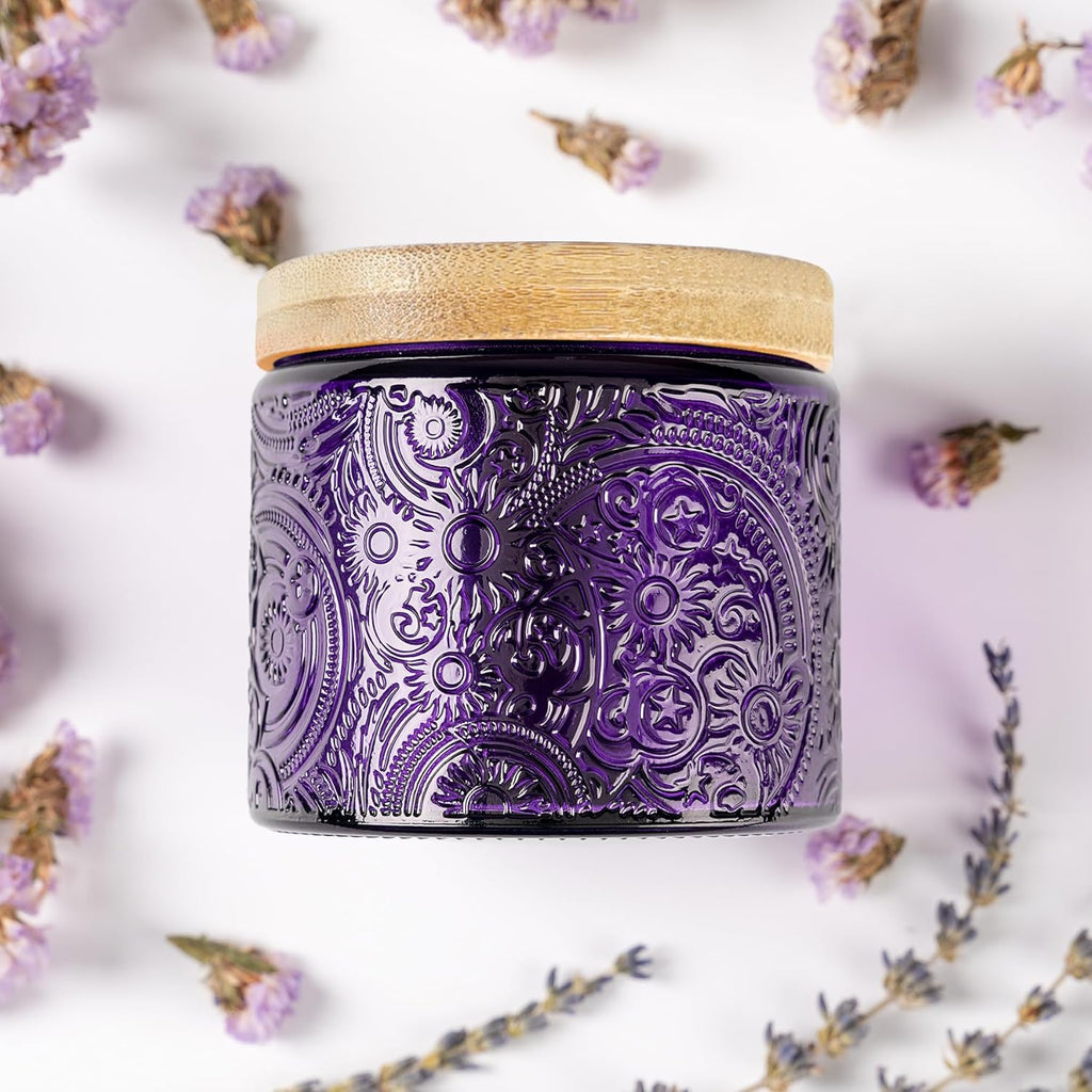 10 oz Embossed Glass Candle Container with Bamboo Lids and Labels, Clear Candle Jars for Making Candles, Sun Moon Stars Design - Pack of 9 (Amber)