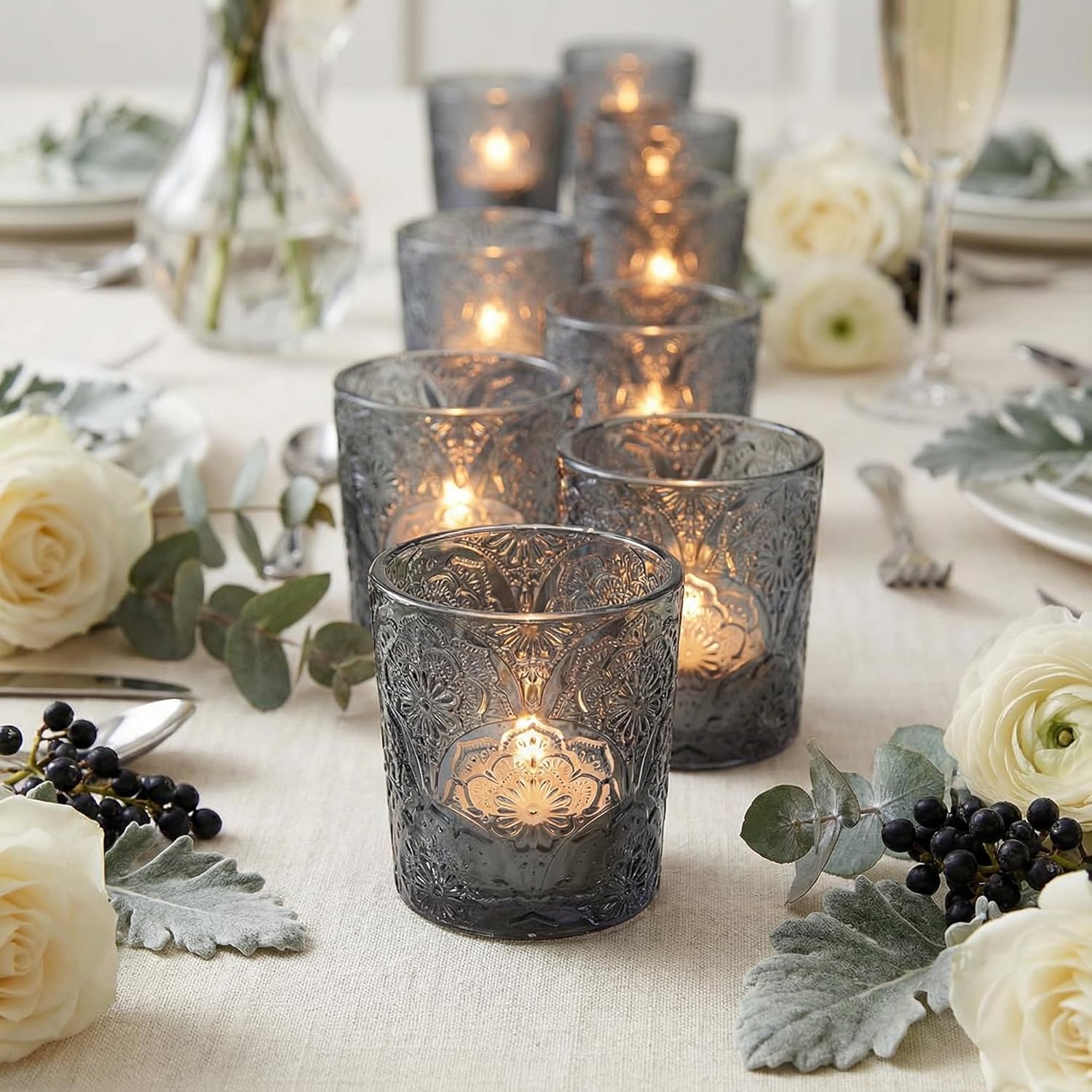 12 Pack Mandala Embossed Glass Candle Holders – Votive Tealight Holders with Patent Design, Decorative Embossed Glass Cups for Wedding Centerpieces, Parties, and Home Décor (Amethyst Bloom)