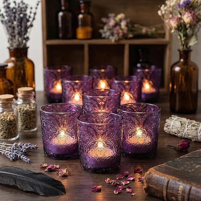 12 Pack Mandala Embossed Glass Candle Holders – Votive Tealight Holders with Patent Design, Decorative Embossed Glass Cups for Wedding Centerpieces, Parties, and Home Décor (Amethyst Bloom)