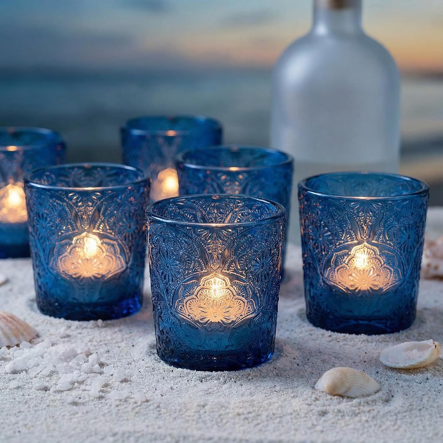 12 Pack Mandala Embossed Glass Candle Holders – Votive Tealight Holders with Patent Design, Decorative Embossed Glass Cups for Wedding Centerpieces, Parties, and Home Décor (Amethyst Bloom)