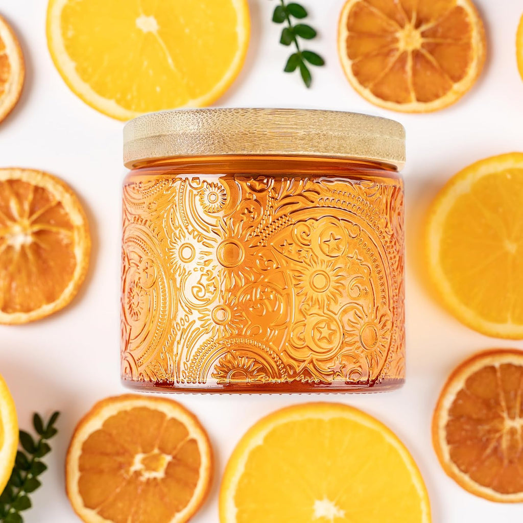 10 oz Embossed Glass Candle Container with Bamboo Lids and Labels, Clear Candle Jars for Making Candles, Sun Moon Stars Design - Pack of 9 (Amber)