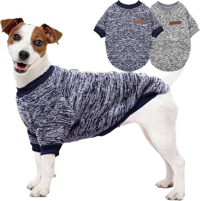 2 Pack Dog Sweater for Small Dogs, Turtleneck Dog Sweatshirt Puppy Fleece Sweaters Winter Clothes for Small Dogs Cats Boy or Girl, Warm Soft Pet Outfit for Puppies, Cat Apparel, Blue+Grey,L