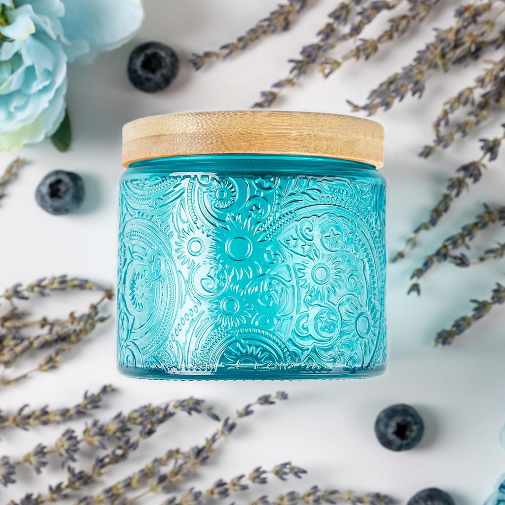 10 oz Embossed Glass Candle Container with Bamboo Lids and Labels, Clear Candle Jars for Making Candles, Sun Moon Stars Design - Pack of 9 (Amber)