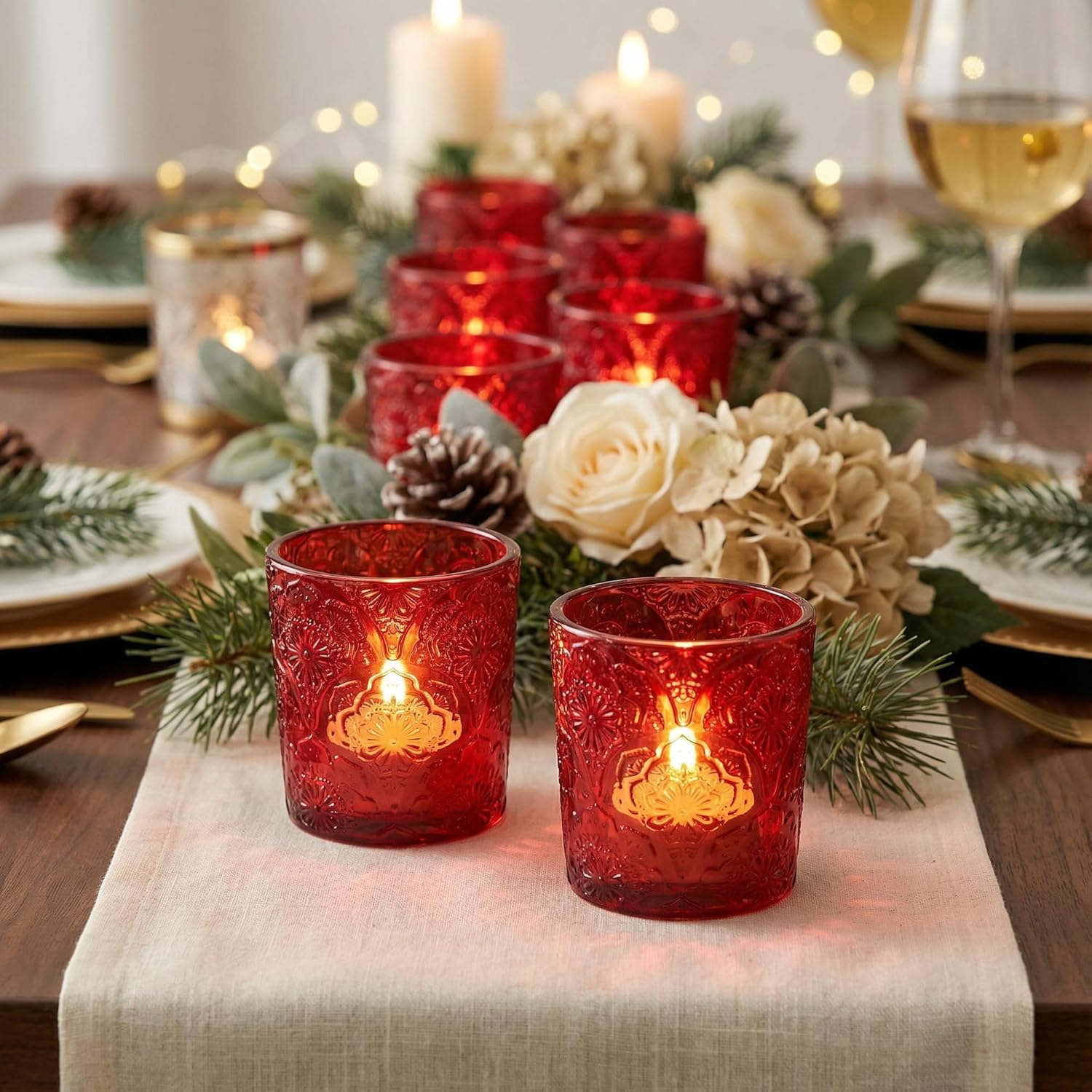 12 Pack Mandala Embossed Glass Candle Holders – Votive Tealight Holders with Patent Design, Decorative Embossed Glass Cups for Wedding Centerpieces, Parties, and Home Décor (Amethyst Bloom)