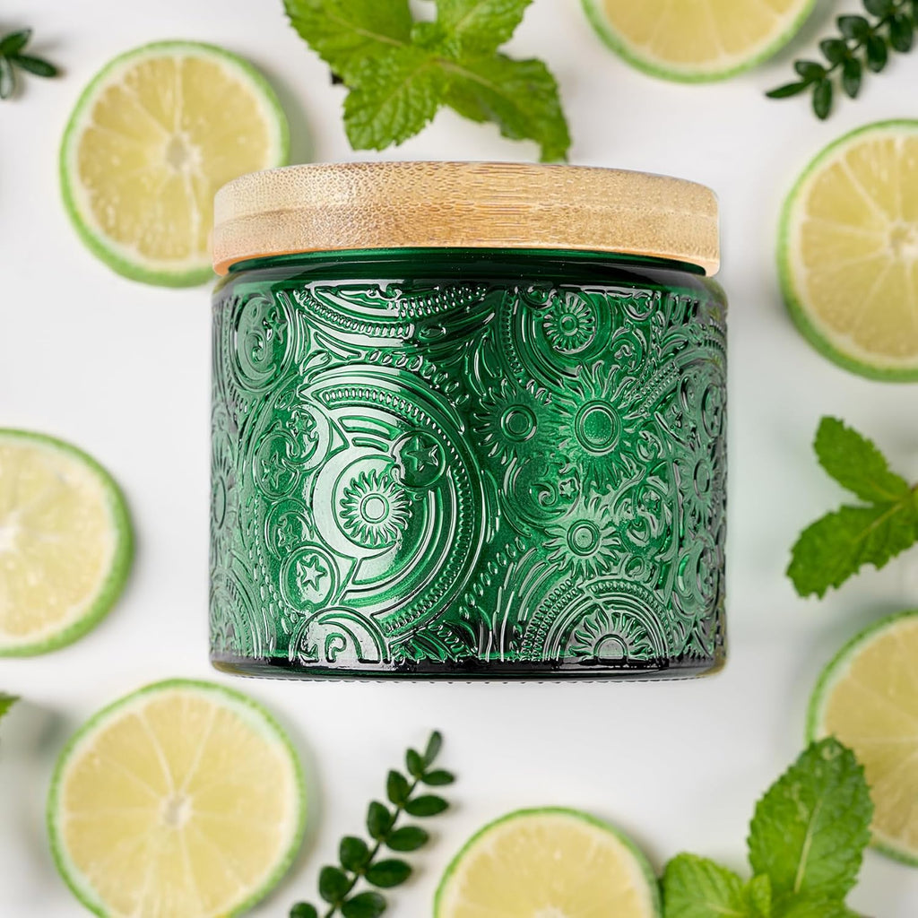 10 oz Embossed Glass Candle Container with Bamboo Lids and Labels, Clear Candle Jars for Making Candles, Sun Moon Stars Design - Pack of 9 (Amber)