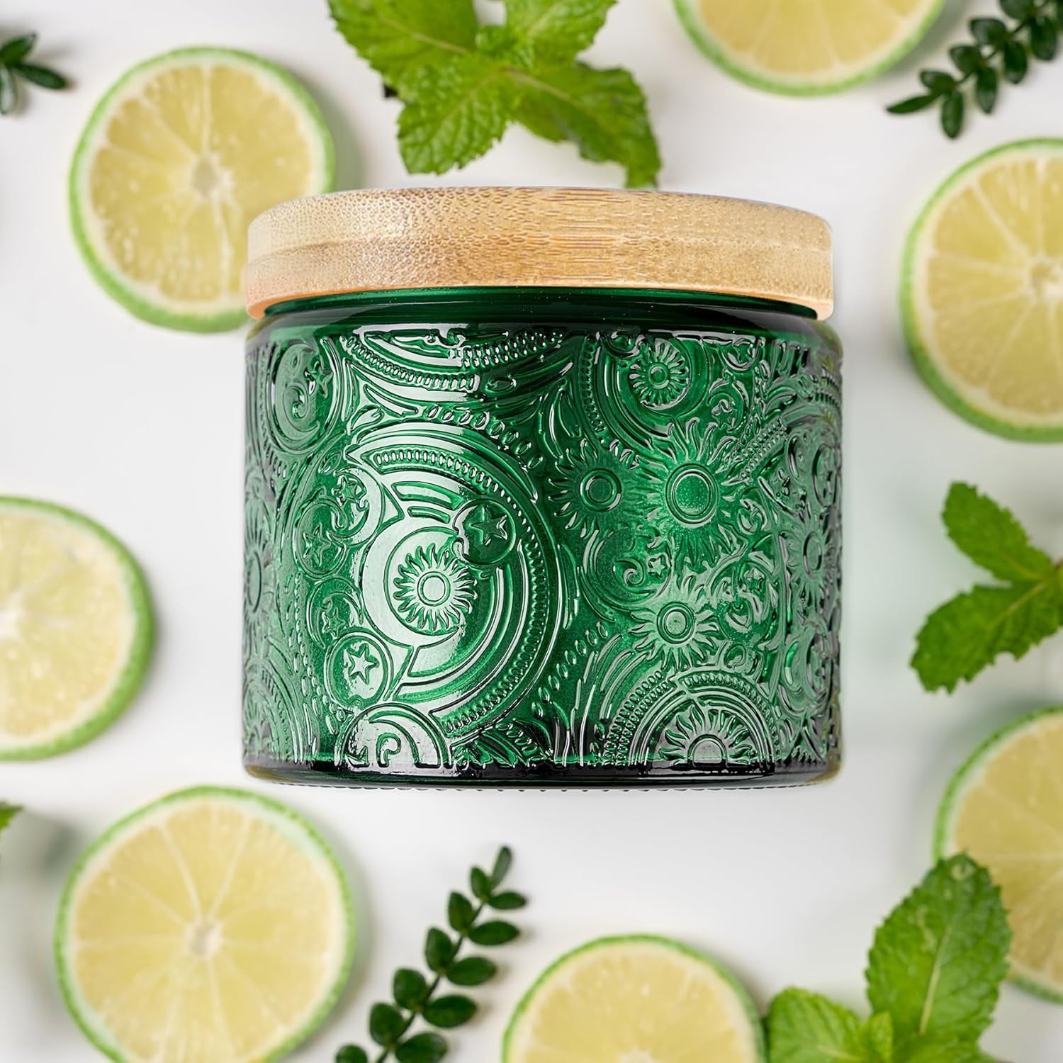 10 oz Embossed Glass Candle Container with Bamboo Lids and Labels, Clear Candle Jars for Making Candles, Sun Moon Stars Design - Pack of 9 (Amber)