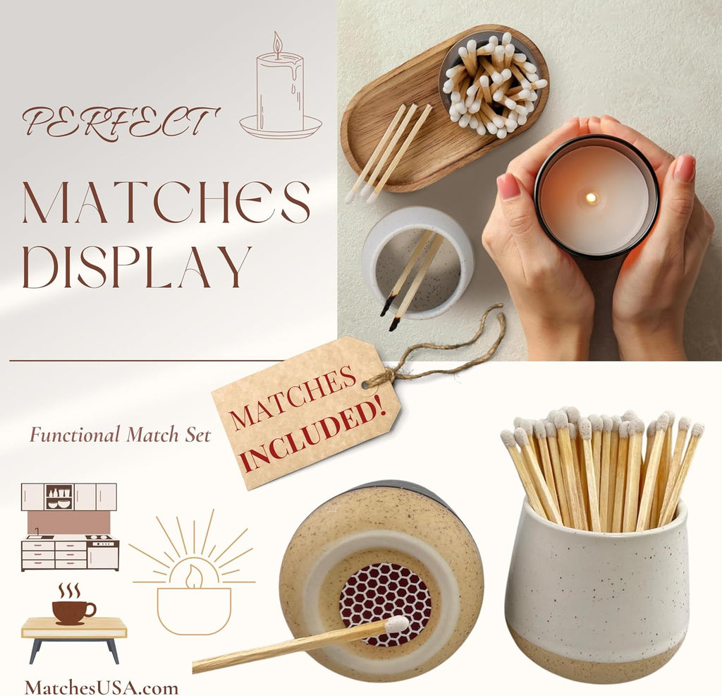 * MATCHES INCLUDED * | Ceramic Match Holder with Tray | 2 Piece Gift Set w Decorative Box | Cute Candle or Kitchen Wooden Matchstick Display w Striker (Ebony & White)