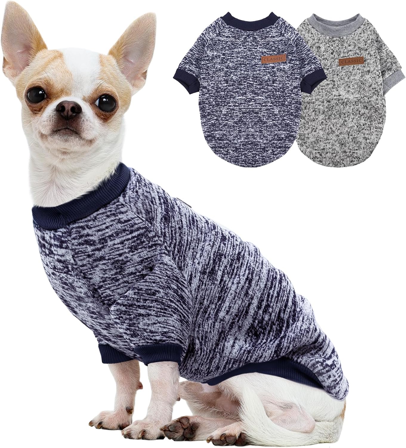 2 Pack Dog Sweater for Small Dogs, Turtleneck Dog Sweatshirt Puppy Fleece Sweaters Winter Clothes for Small Dogs Cats Boy or Girl, Warm Soft Pet Outfit for Puppies, Cat Apparel, Blue+Grey,L